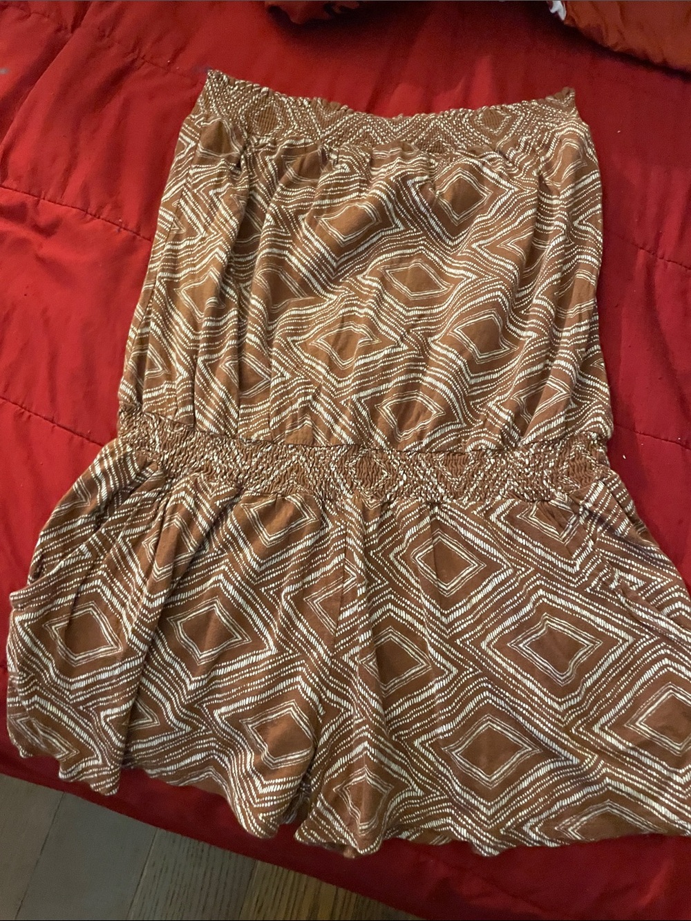 Love Brown and White Geo-Print Smocked Mini Skirt